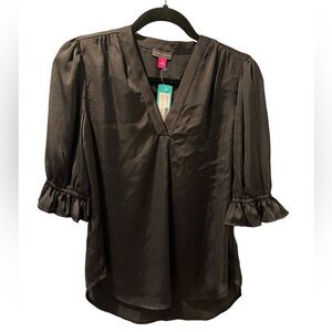 Vince Camuto Elbow Sleeve Puff Shoulder Black Ruffle Satin Blouse size XS